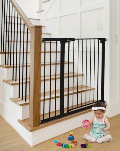 COMOMY 36 Extra Tall Baby Gate for Stairs Doorways  Fits Openings 29 5 to 48 8 Wide  Auto Close Extra Wide Dog Gate for House  Pressure Mounted Easy Walk Through Pet Gate with Door  White