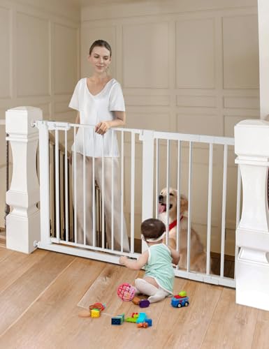 COMOMY 36 Extra Tall Baby Gate for Stairs Doorways  Fits Openings 29 5 to 48 8 Wide  Auto Close Extra Wide Dog Gate for House  Pressure Mounted Easy Walk Through Pet Gate with Door  White