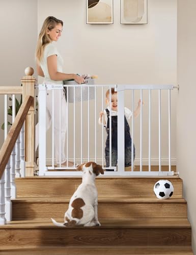 COMOMY 36 Extra Tall Baby Gate for Stairs Doorways  Fits Openings 29 5 to 48 8 Wide  Auto Close Extra Wide Dog Gate for House  Pressure Mounted Easy Walk Through Pet Gate with Door  White