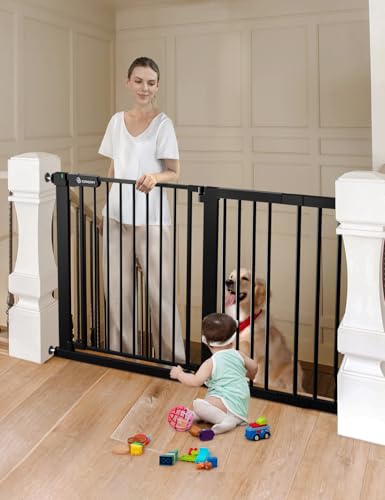 COMOMY 36 Extra Tall Baby Gate for Stairs Doorways  Fits Openings 29 5 to 48 8 Wide  Auto Close Extra Wide Dog Gate for House  Pressure Mounted Easy Walk Through Pet Gate with Door  White