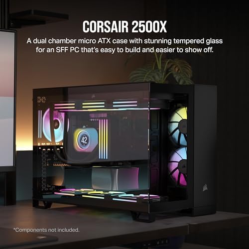 CORSAIR Carcasa para PC mATX de vidrio templado 2500X, no incluye ventiladores, diseño de doble cámara, amplia flexibilidad de refrigeración, compatible con placa base de conexión inversa, color negro