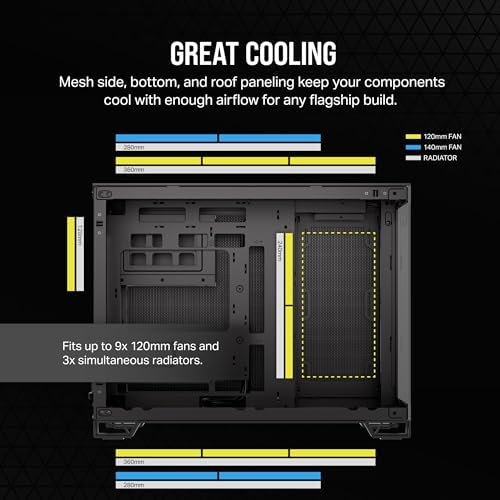 CORSAIR Carcasa para PC mATX de vidrio templado 2500X, no incluye ventiladores, diseño de doble cámara, amplia flexibilidad de refrigeración, compatible con placa base de conexión inversa, color negro