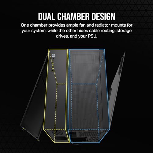 CORSAIR Carcasa para PC mATX de vidrio templado 2500X, no incluye ventiladores, diseño de doble cámara, amplia flexibilidad de refrigeración, compatible con placa base de conexión inversa, color negro