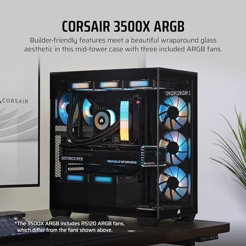 CORSAIR 3500X ARGB Mid Tower ATX PC Case   Panoramic Tempered Glass   Reverse Connection Motherboard Compatible   3X CORSAIR RS120 ARGB Fans Included   Black