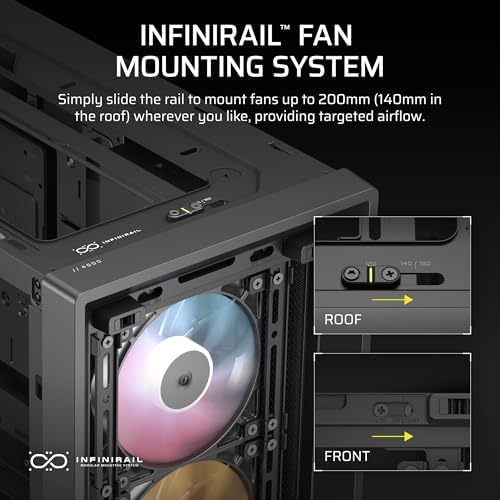 CORSAIR 4000D RS ARGB Frame Modular Mid Tower ATX PC Case  High Airflow  3X Pre Installed RS Fans  InfiniRail  Mounting System  ASUS BTF  MSI Zero  Gigabyte Stealth  Black