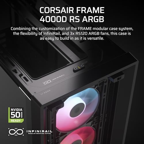 CORSAIR 4000D RS ARGB Frame Modular Mid Tower ATX PC Case  High Airflow  3X Pre Installed RS Fans  InfiniRail  Mounting System  ASUS BTF  MSI Zero  Gigabyte Stealth  Black