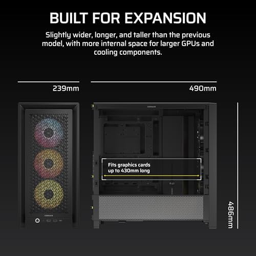 CORSAIR 4000D RS ARGB Frame Modular Mid Tower ATX PC Case  High Airflow  3X Pre Installed RS Fans  InfiniRail  Mounting System  ASUS BTF  MSI Zero  Gigabyte Stealth  Black