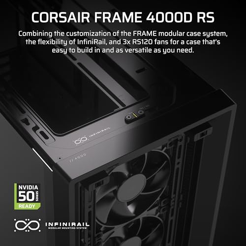CORSAIR 4000D RS Frame Modular High Airflow Mid Tower PC Case   3X CORSAIR RS Fans   InfiniRail Fan Mounting System   Fits Multiple 360mm Radiators   Reverse Connector Motherboard Compatible   Black