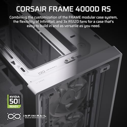 CORSAIR 4000D RS Frame Modular High Airflow Mid Tower PC Case   3X CORSAIR RS Fans   InfiniRail  Fan Mounting System   Fits Multiple 360mm Radiators   Reverse Connector Motherboard Compatible   White