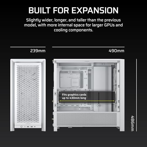 CORSAIR 4000D RS Frame Modular High Airflow Mid Tower PC Case   3X CORSAIR RS Fans   InfiniRail  Fan Mounting System   Fits Multiple 360mm Radiators   Reverse Connector Motherboard Compatible   White