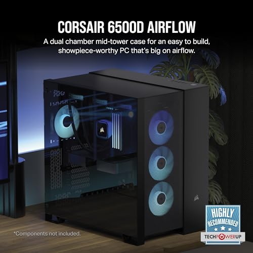 CORSAIR 6500D Airflow Mid Tower ATX Dual Chamber PC Case   Tempered Glass   Reverse Connection Motherboard Compatible   No Fans Included   Black