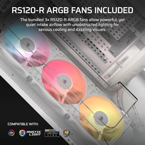 CORSAIR AIR 5400 RS R ARGB Triple Chamber Mid Tower Panoramic PC Case   3X Pre Installed Reverse Rotor RS120 R ARGB Fans  Low Noise  High Airflow Ducts  Reverse Motherboard Support   White