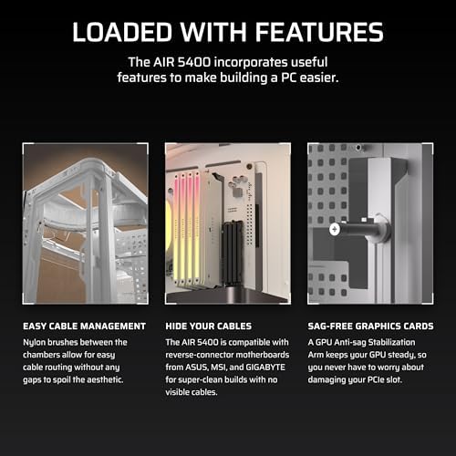 CORSAIR AIR 5400 RS R ARGB Triple Chamber Mid Tower Panoramic PC Case   3X Pre Installed Reverse Rotor RS120 R ARGB Fans  Low Noise  High Airflow Ducts  Reverse Motherboard Support   White