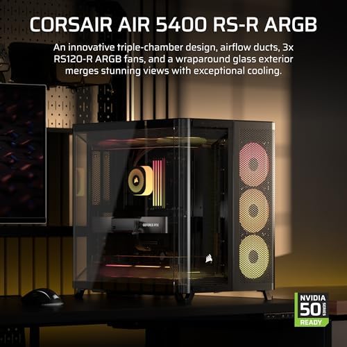 CORSAIR AIR 5400 RS R ARGB Triple Chamber Mid Tower Panoramic PC Case   3X Pre Installed Reverse Rotor RS120 R ARGB Fans  Low Noise  High Airflow Ducts  Reverse Motherboard Support   Black