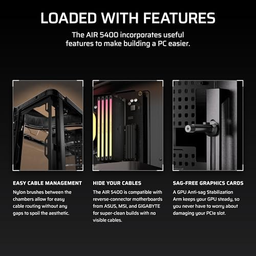 CORSAIR AIR 5400 RS R ARGB Triple Chamber Mid Tower Panoramic PC Case   3X Pre Installed Reverse Rotor RS120 R ARGB Fans  Low Noise  High Airflow Ducts  Reverse Motherboard Support   Black