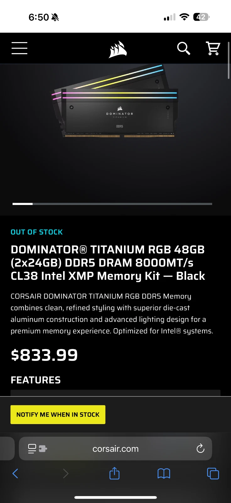 Memoria RAM CORSAIR DOMINATOR TITANIUM RGB de 48 GB (2x24 GB) DDR5 a 8000 MT/s CL38 para Intel