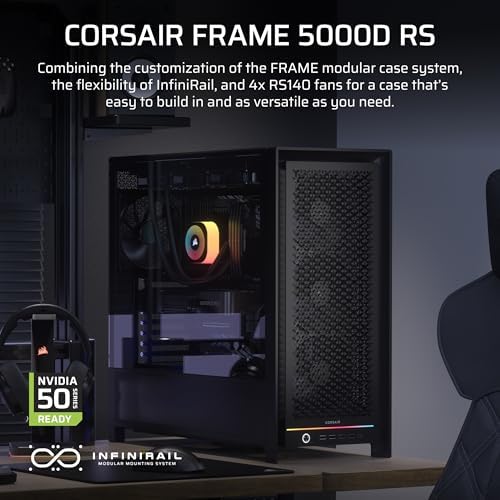 CORSAIR Frame 5000D RS Modular High Airflow Mid Tower PC Case   4X Pre Installed RS Fans  InfiniRail  Fan Mounting System  GPU Anti Sag  ASUS BTF  MSI Project Zero  Gigabyte Project Stealth   Black