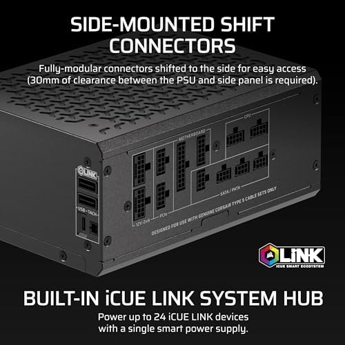 CORSAIR HX1500i Shift Fully Modular ATX Power Supply   Built in iCUE Link System Hub  Dual Native 12V 2x6 Cable  ATX 3 1 & PCIe 5 1  Side Mounted Connectors  Cybenetics Platinum   Black