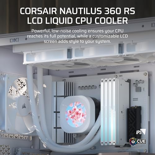 CORSAIR Nautilus 360 RS LCD Liquid CPU Cooler   2 1 IPS LCD Screen  360mm AIO  Low Noise  Daisy Chain  Intel LGA 1851/1700  AMD AM5/AM4   3X RS120 Fans Included   White