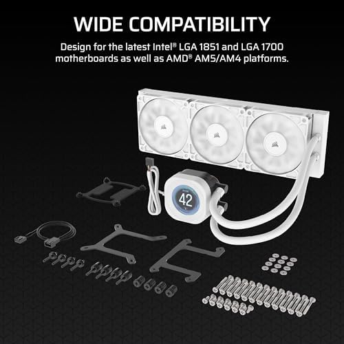 CORSAIR Nautilus 360 RS LCD Liquid CPU Cooler   2 1 IPS LCD Screen  360mm AIO  Low Noise  Daisy Chain  Intel LGA 1851/1700  AMD AM5/AM4   3X RS120 Fans Included   White