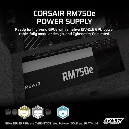 CORSAIR RM750e  2025  Fully Modular Low Noise ATX Power Supply with 12V 2x6 Cable   ATX 3 1 & PCIe 5 1 Compliant  Cybenetics Gold Efficiency  105 C Rated Capacitors  Modern Standby Mode   Black