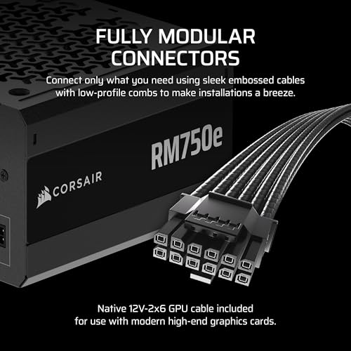 CORSAIR RM750e 2025 Fully Modular Low Noise ATX Power Supply with 12V 2x6 Cable ATX 3 1 & PCIe 5 1 Compliant Cybenetics Gold Efficiency 105 C Rated Capacitors Modern Standby Mode Black