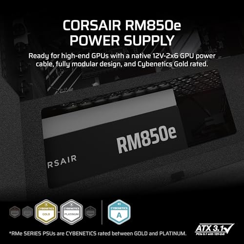CORSAIR RM850e ATX 3 1 PCIe 5 1 Ready Fully Modular 850W Power Supply   12V 2x6 Cable Included  Cybenetics Gold Efficiency  105 C Rated Capacitors  Modern Standby Mode   Black