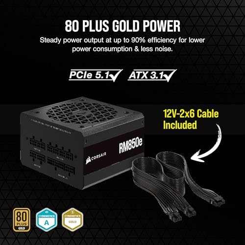 CORSAIR RM850e ATX 3 1 PCIe 5 1 Ready Fully Modular 850W Power Supply   12V 2x6 Cable Included  Cybenetics Gold Efficiency  105 C Rated Capacitors  Modern Standby Mode   Black