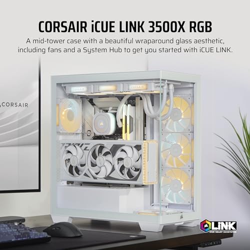 CORSAIR iCUE Link 3500X RGB Mid Tower ATX PC Case   Panoramic Tempered Glass   Reverse Connection Motherboard Compatible   3X CORSAIR iCUE Link RX120 RGB Fans Included   White