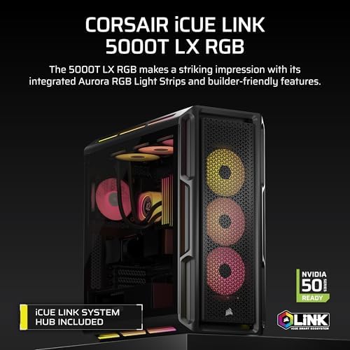 CORSAIR iCUE Link 5000T LX RGB Mid Tower ATX PC Case   3X Pre Installed LX120 RGB Fans  Integrated Aurora RGB Light Strips  Spacious Interior  iCUE Link System Hub Included   Black