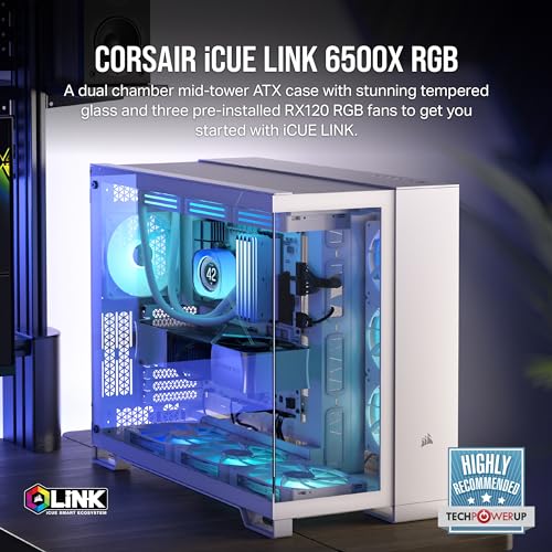 CORSAIR iCUE Link 6500X RGB Mid Tower ATX Dual Chamber PC Case   Panoramic Tempered Glass   Reverse Connection Motherboard Compatible    3X CORSAIR RX120 RGB Fans Included   White