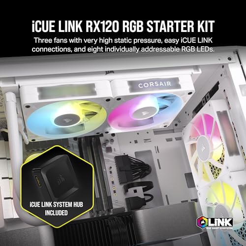 CORSAIR iCUE Link RX120 RGB 120mm PWM Fans with iCUE Link System Hub   Magnetic Dome Bearing   Triple Pack   White