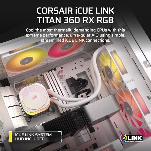 CORSAIR iCUE Link Titan 360 RX RGB Liquid CPU Cooler   360mm AIO   Low Noise   FlowDrive Cooling Engine   Intel LGA 1851/1700  AMD AM5/AM4   3X RX120 RGB Fans   iCUE Link System Hub Included   White