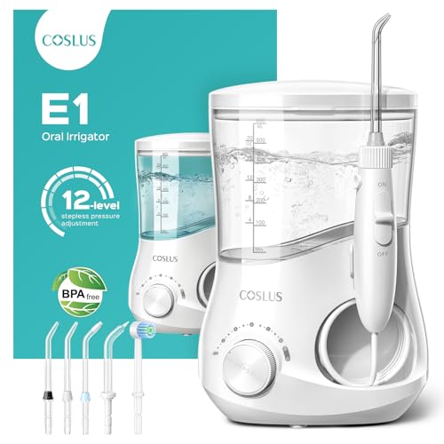 COSLUS Electric Water Flosser for Teeth  Professional Dental Pick for Orthodontic  Sensitive Gums  Braces   12 Pressure Settings &   5 Multi Functional Tips for Multiple Users  Home Use  White