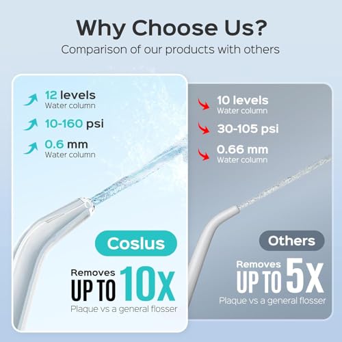 COSLUS Electric Water Flosser for Teeth  Professional Dental Pick for Orthodontic  Sensitive Gums  Braces   12 Pressure Settings &   5 Multi Functional Tips for Multiple Users  Home Use  White