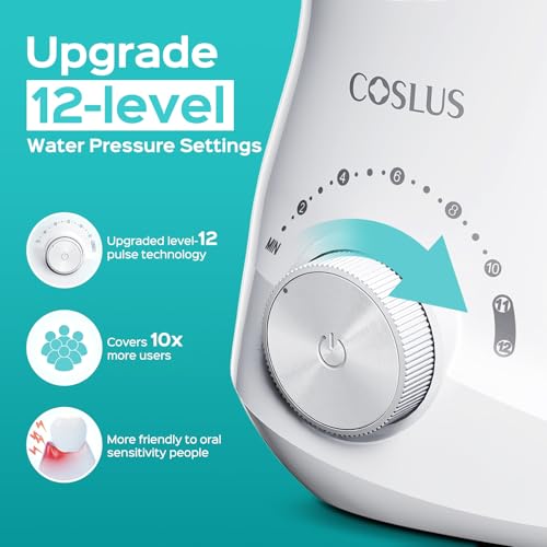 COSLUS Electric Water Flosser for Teeth  Professional Dental Pick for Orthodontic  Sensitive Gums  Braces   12 Pressure Settings &   5 Multi Functional Tips for Multiple Users  Home Use  White