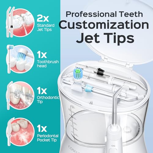 COSLUS Electric Water Flosser for Teeth  Professional Dental Pick for Orthodontic  Sensitive Gums  Braces   12 Pressure Settings &   5 Multi Functional Tips for Multiple Users  Home Use  White