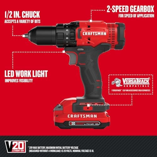CRAFTSMAN V20 Cordless Drill/Driver Kit  1/2 inch  Battery and Charger Included  CMCD700C1 