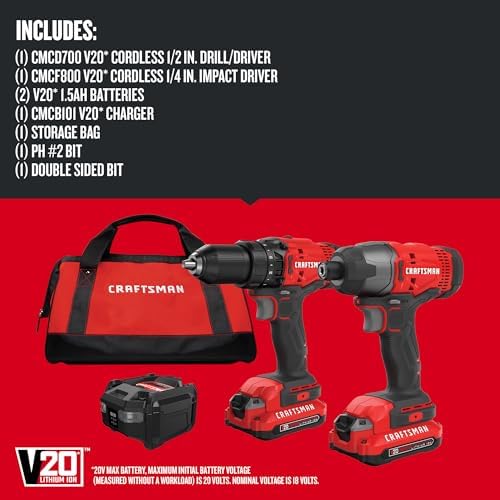 CRAFTSMAN V20 MAX Cordless Drill Driver and Impact Driver Set  Power Tool Set with 2 Batteries and Charger  LED Work Light  2 Bits  Bag  CMCK200C2