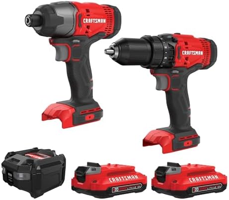 CRAFTSMAN V20 MAX Cordless Drill Driver and Impact Driver Set  Power Tool Set with 2 Batteries and Charger  LED Work Light  2 Bits  Bag  CMCK200C2
