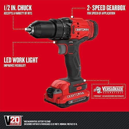 CRAFTSMAN V20 MAX Cordless Drill Driver and Impact Driver Set  Power Tool Set with 2 Batteries and Charger  LED Work Light  2 Bits  Bag  CMCK200C2