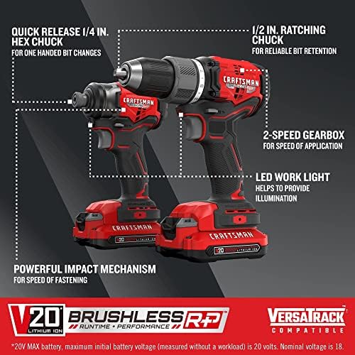 CRAFTSMAN V20 RP Cordless Drill and Impact Driver  Brushless Power Tool Combo Kit  2 Batteries and Charger Included  CMCK211C2