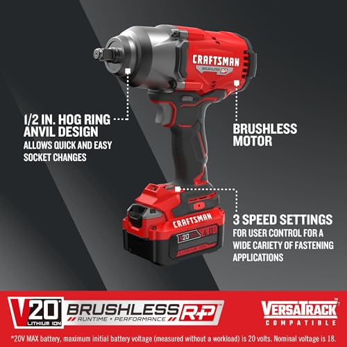 CRAFTSMAN V20 RP Impact Wrench  Cordless  Brushless  High Torque  1/2 Inch  4Ah Battery and Charger Included  CMCF940M1 