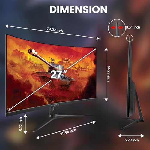 CRUA - Monitor curvo para juegos de 27 pulgadas, FHD 1920x1080P, monitor de computadora de 144Hz/180Hz, pantalla VA de 1800R, 120% sRGB, AMD FreeSync, HDMI y DP, instalación para montaje en pared