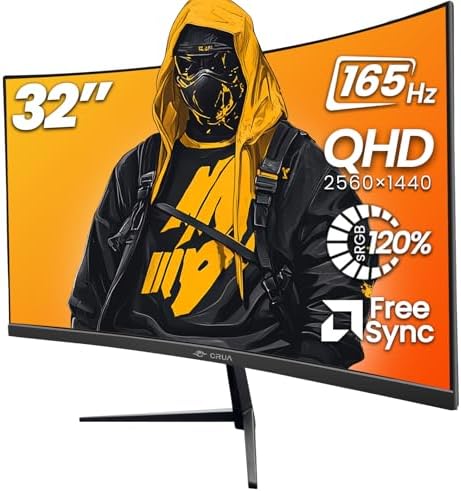 CRUA 32 Curved Gaming Monitor  2K QHD 2560x1440  144Hz/165Hz VA Display  1800R Screen  120  sRGB  AMD FreeSync  Low Blue Light  HDMI& DP  Wall Mountable PC Monitor for Gaming  Streaming & Work  Black