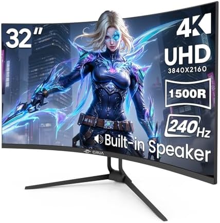 CRUA 32 Curved Gaming Monitor  2K QHD 2560x1440  144Hz/165Hz VA Display  1800R Screen  120  sRGB  AMD FreeSync  Low Blue Light  HDMI& DP  Wall Mountable PC Monitor for Gaming  Streaming & Work  Black