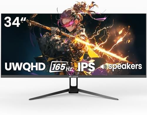 CRUA 34 Gaming Monitor 165Hz/144Hz  UWQHD 3440x1440P IPS Ultrawide Screen Computer Monitors with Built in Speakers  Supports FreeSync  120  sRGB  PIP/PBP  HDMI2 0 & DP1 4  Wall Mount&Tilt Adjustable