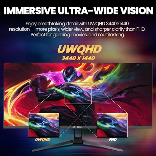 CRUA 34 Gaming Monitor 165Hz/144Hz  UWQHD 3440x1440P IPS Ultrawide Screen Computer Monitors with Built in Speakers  Supports FreeSync  120  sRGB  PIP/PBP  HDMI2 0 & DP1 4  Wall Mount&Tilt Adjustable