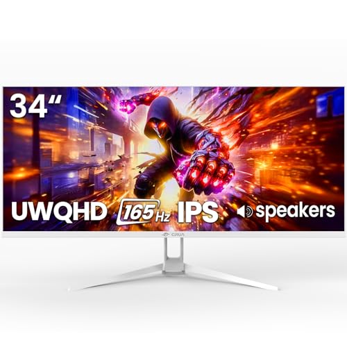 CRUA 34 White Gaming Monitor  165HZ/144HZ  WQHD 3440x1440P  IPS UltraWide Screen Computer Monitors with Built in Speakers  Supports FreeSync  120  sRGB  HDMI 2 0 & DP 1 4  Wall Mountable Installs
