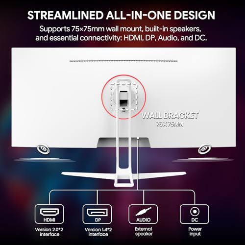 CRUA 34 White Gaming Monitor  165HZ/144HZ  WQHD 3440x1440P  IPS UltraWide Screen Computer Monitors with Built in Speakers  Supports FreeSync  120  sRGB  HDMI 2 0 & DP 1 4  Wall Mountable Installs